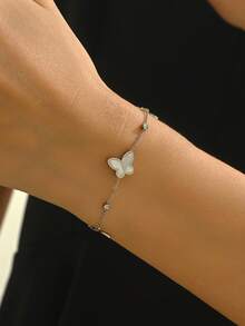 1入時尚白色貝殼蝴蝶鑲嵌鑽石不鏽鋼手鏈，優雅甜美的慶祝和節日配飾，女性必備 - 金黃色 - 查看 4