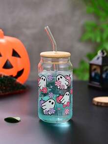 1pc Halloween Soda Cup High Borosilicate Glass Straw Cup Bamboo Lid Water Cup Heat Resistant Ins Style Glass Cup