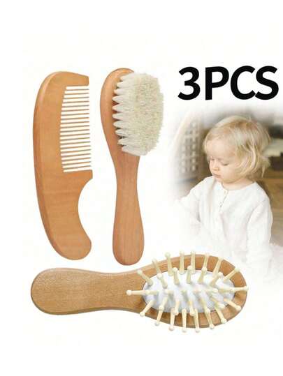 3件套迷你软毛刷+木梳+按摩刷，适用于婴儿洗澡，约1/2成人手掌大小，可用于婴儿洗脸、头发清洁、沐浴刷和成人洗脸（木材颜色随机）