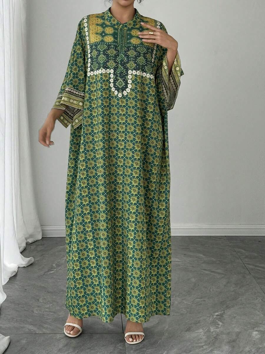 1 件女士宽松阿拉伯长袍连衣裙，绿色定位印花，立领，单排扣，插肩袖，休闲长裙，优雅阿拉伯长袍，奢华节日晚礼服 - 綠色 - 查看 1