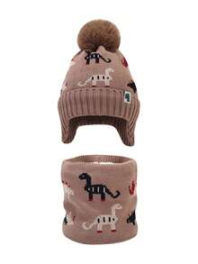 2pcs Kids Winter Hat & Scarf Set, Jacquard Dinosaur Pattern Knitted Beanie, Warm Earflap Hat For Boys & Girls - 2PC - View 10