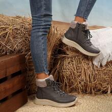Bottes de neige décontractées pour femmes avec doublure en peluche, bout rond et fermeture éclair. Bottes chaudes et épaisses avec doublure thermique. Bottes d'hiver imperméables à tige courte et nouvelle cheville - Gris - Voir 5