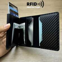 Portador de tarjetas de hombre de aleación de aluminio con fibra de carbono antirrobo RFID, portador de tarjeta de crédito de metal con diseño minimalista y 8 ranuras, adecuado para ir al trabajo, negocios y ocasiones casuales, color negro, estilo minimalista para hombres - Negro - Ver 1