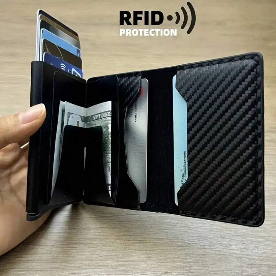 Portador de tarjetas de hombre de aleación de aluminio con fibra de carbono antirrobo RFID, portador de tarjeta de crédito de metal con diseño minimalista y 8 ranuras, adecuado para ir al trabajo, negocios y ocasiones casuales, color negro, estilo minimalista para hombres - Negro - Ver 1