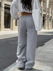 Sulojter Casual Loose Solid Color Elastic Waist Sweatpants - Grey - View 5
