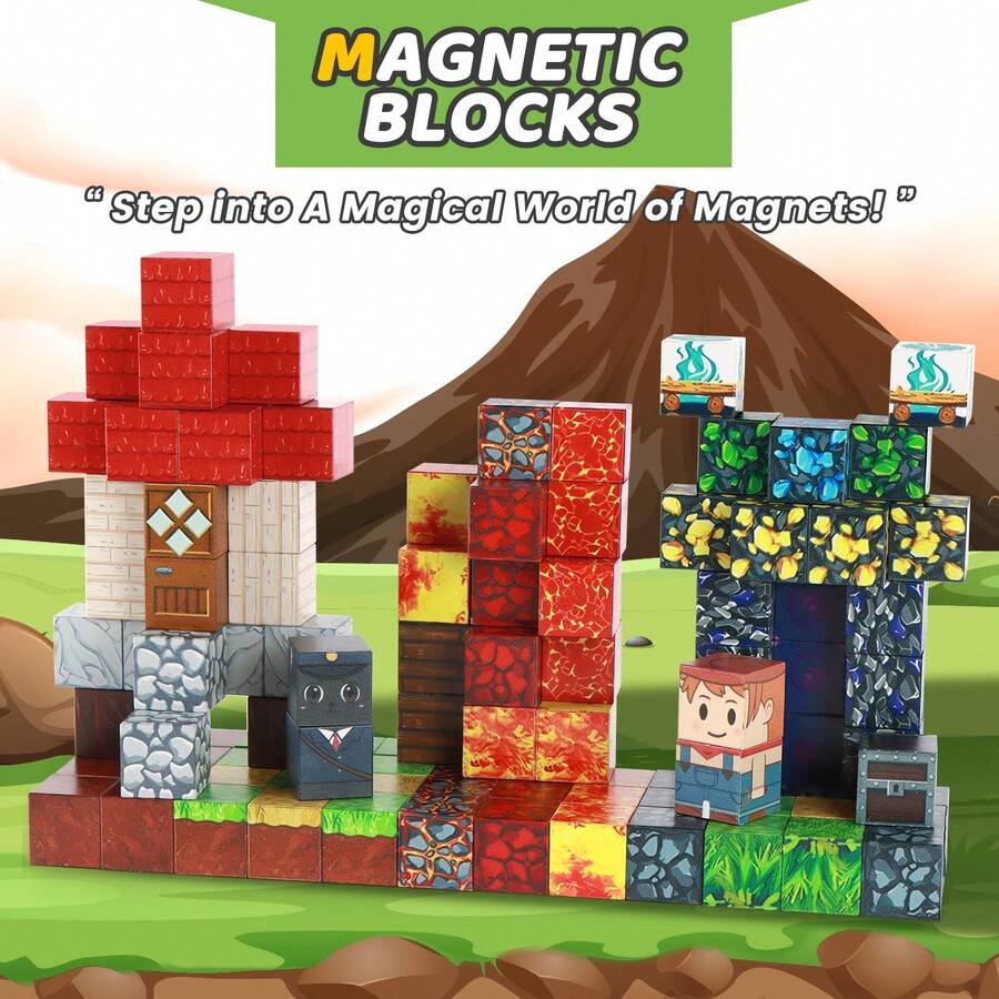 100PCS Magnetic Cubes | DIY 3D Construction Blocks | STEM Educational Toy | Volcano Castle Mine Town Scene | Character Faces | Stackable Pretend Play | Birthday Halloween Christmas - 100PCS - 查看 1