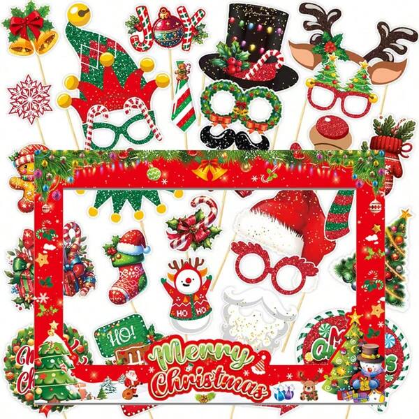 1pc Christmas Sparkling Photo Frame+30pcs Hand-Held Photobooth Props Christmas Hats, Socks, Snowman Patterns, Funny And Funny Props, Hand-Held Photo Props, Party Supplies Set, Used For Taking Photos At Parties With Friends And Family