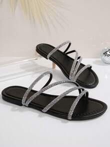 女士时尚水晶装饰平底凉鞋，适合约会、购物、聚会、通勤、度假和休闲居家穿着 - 黑色 - 查看 3