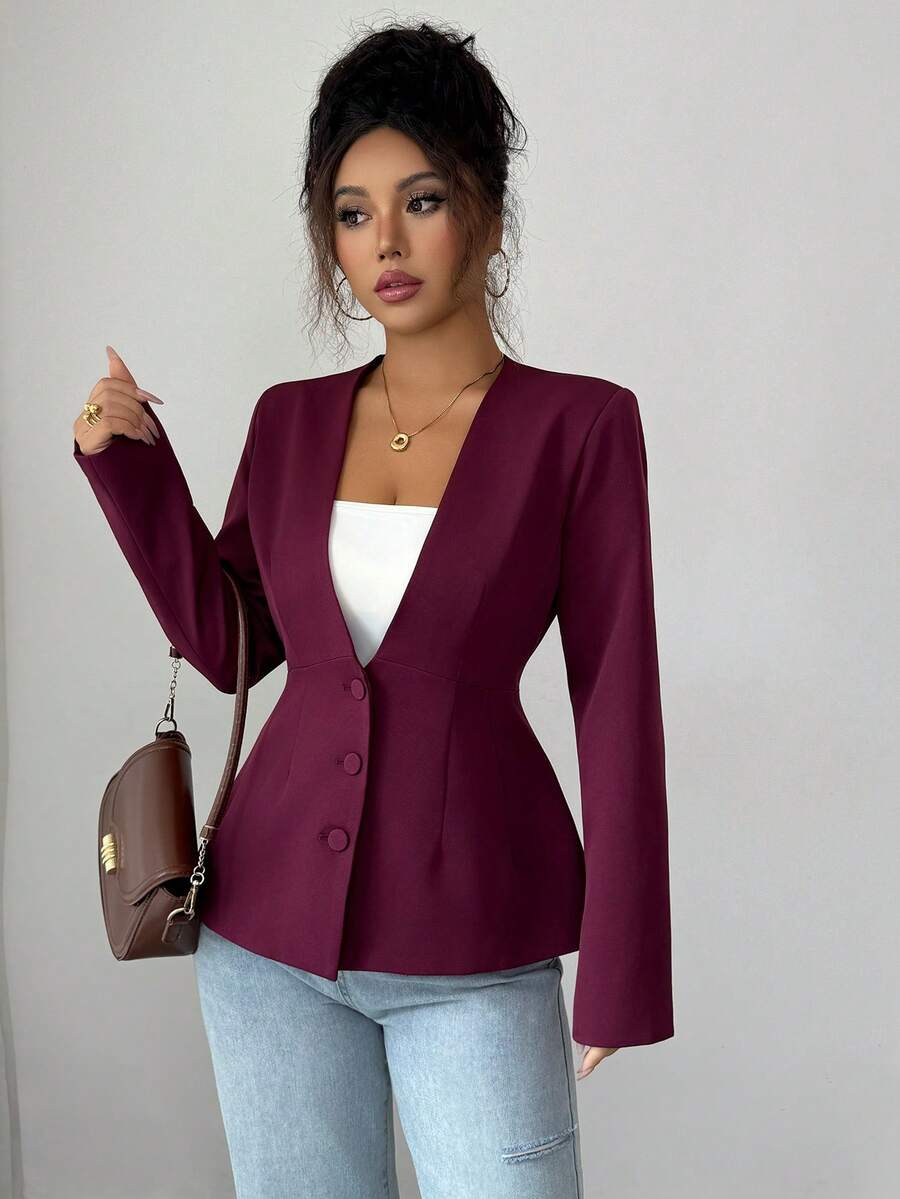 Lilyhouse Women's Jacket Fall/Winter Solid Color Elegant Daily Casual Commute Office V-Neck A-Line Waist Slim Fit Long Sleeve Jacket Autumn/Winter Cloths For Women