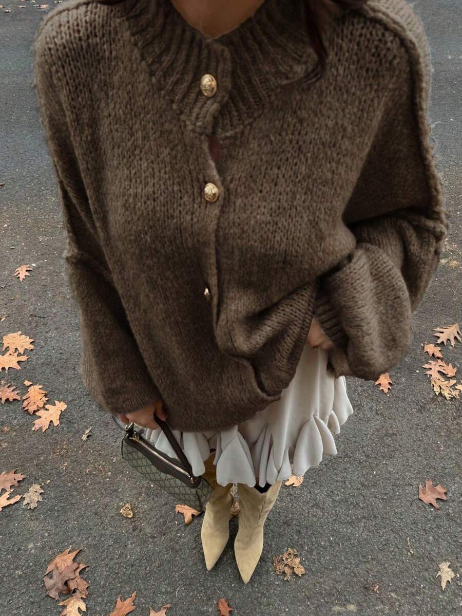 Women's Casual Chic Front Button Crew Neck Cardigan, Minimalist Loose Solid Color Long Sleeve Knit Sweater Jacket, Autumn/Winter - Coffee Brown - View 1