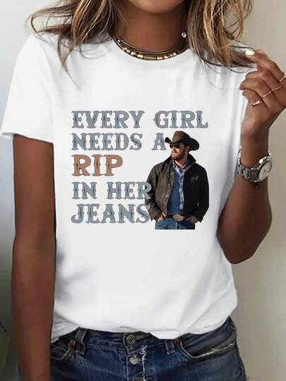 180g Women's White T-Shirt With Every Girl Needs A Rip In Her Jeans Print, Cotton, Crew Neck, Short Sleeves, Casual Denim Style, Great For Casual Occasions, Pairs With Jeans And Modern Accessories.