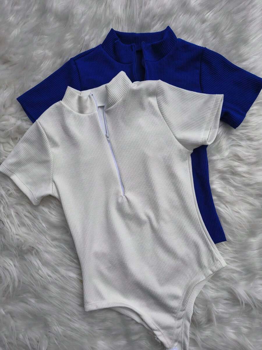 Kit With Two Short Sleeve Bodysuits With Zippers - 藍白色 - 查看 1