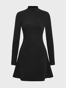 优雅休闲修身保暖高领长袖针织连衣裙，冬季连衣裙 - 黑色 - 查看 2