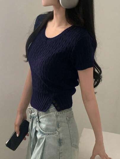 2025 Autumn/Winter Casual Solid Color Short Sleeve Pullover Sweater