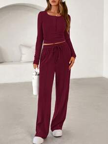 Women's Spring Fall 2 Piece Outfits Lounge Sets Long Sleeve Top Henley Shirts Wide Leg Pants Travel  Sweatsuit Set Women Clothes Home Clothes Going Out Outfits Sports Valentine Vacation Outfit For Women - 酒紅色 - 查看 6
