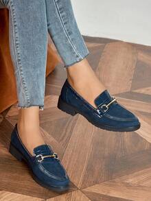 女士绒面革乐福鞋，套脚款式，厚底设计，适合秋季穿着，学院风（藏蓝色），平底鞋 - 藏蓝色 - 查看 3