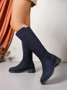 Women's Nude Suede Knee-High Riding Boots For Autumn/Winter, Thermal Lining For Warmth, Side Zipper Design For Easy On/Off, Slim Shaft For Elegant Height, Chunky Heel For Comfort, Classic Plain Style Suitable For Multiple Occasions,Party - Royal Blue - View 3