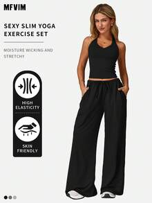 MFVIM Damen Sportbekleidung Set, Zwei Teile, Yoga Trägershirt und weite Lässig Hose, atmungsaktiv, weich und bequem, geeignet für tägliche Lässig, Sport und Fitness, Laufen.
