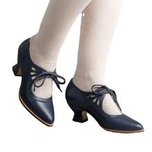 New Hollow High Heel Lace-Up Large Size Women's Pointed Toe Leather Shallow Casual Shoes - Dark Blue - View 7