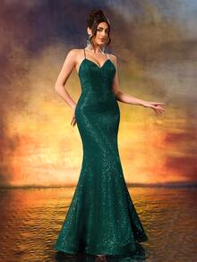 Women's Demure Stiletto Heeled Evening Gown Luxury Sequins Sparkling V-Neck Dress Front Split Gown For Wedding Guest,Formal Evening,Red Carpet, Elegant - Dark Green - View 2