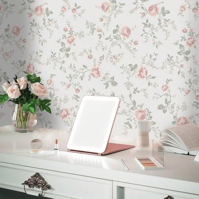 1卷法式自粘壁纸 - 浅粉色花卉图案。防水可移除墙贴。适用于卧室、客厅、门厅、壁炉、楼梯背景保护；橱柜、抽屉装饰及家具翻新。家居艺术装饰贴纸，节日礼物装饰贴纸。宿舍和租客适用，适合返校季和秋季。