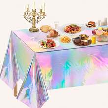 5pcs Iridescent Disposable Tablecloths - 54" X 72/86" Premium Plastic Table Covers For Parties, Weddings, Graduations & Birthdays - Shiny Rainbow Design, Easy Clean-Up, Versatile Decorative Table Covers - Multicolor - View 7