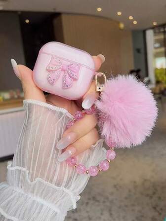 Nuevo estuche de teléfono decorado con lazo de strass rosa, bola de pelo rosa y cadena con copo de nieve rosa