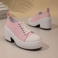 女士休闲运动时尚户外高跟系带撞色学院风运动鞋，适合户外、居家、度假、大学、节日、海滩、所有季节 - 粉色 - 查看 3