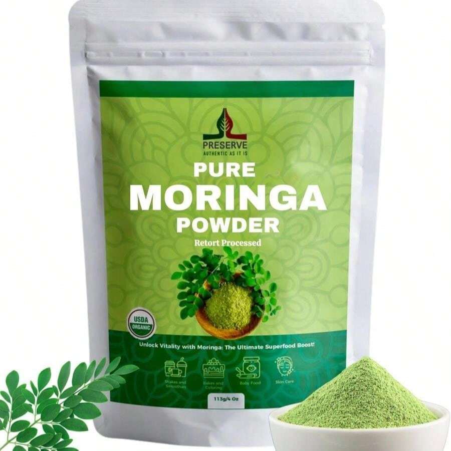 Pure Moringa Powder Retort Processed Oleifera Leaf Powder | Gluten-Free And Vegan | Perfect For Smothies, Drinks, Tea &Amp; Receips Pure Super Green Food, 113g - Trắng - Xem 1