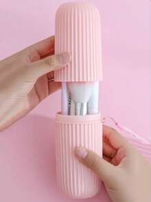 1pc Portable Makeup Brush Holder, Travel Toothbrush Case, Pen Holder Set, Multi-Function Covered Wash Cup, Vertical Striped Compact Travel Organizer Box For Toothbrush, Toothpaste, Lipstick, Makeup Brushes And More,Room Decor - Pink - View 2
