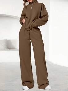 Womens Casual 2 Piece Sets Fall Outfits Quarter Zip Sweatshirts Straight Leg Pants Sweatsuits Tracksuit Valentine Vacation Spring Clothes For Women - Brown - View 3