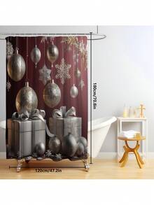 1 pieza/4 piezas Caja de regalo con bola de adorno de Navidad de lujo con tema plateado, decoración del hogar y del baño para Año Nuevo, cortina de ducha con 12 ganchos, alfombra de baño, alfombrilla en forma de U para el inodoro, tapa del inodoro, partición de baño, accesorios de baño, decoración de baño
