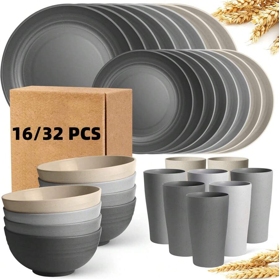 16/32pcs Kitchen Wheat Straw Large Size Dinnerware Set, Service For 4/8, Unbreakable Modern Dish Set-Dinner Plate/Dessert Plate/Cereal Bowl/Cup, Lightweight Tableware, Perfect Camping And Everyday Use - Gradient Grey - 查看 1
