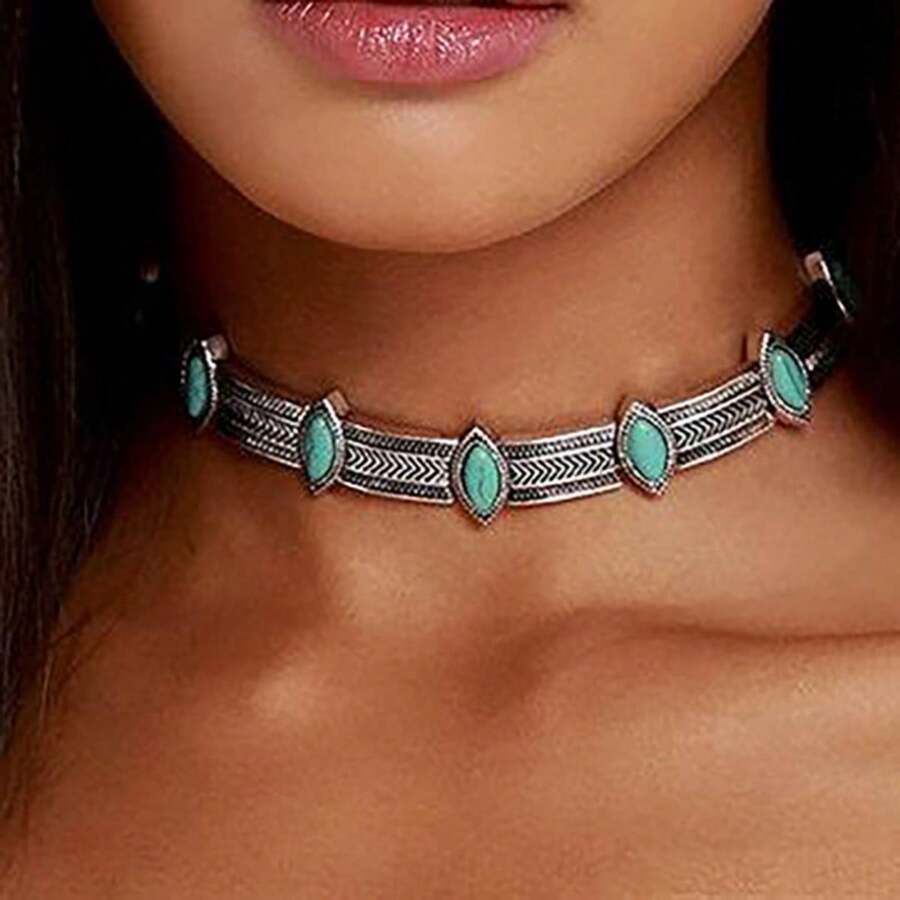 1pc Fashionable Alloy Inlaid Turquoise Vintage Design Necklace, Bohemian Style Resort Personalized Short Choker Luxury Necklace Accessory - Antique Silver - View 1