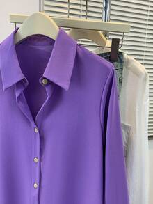 Blus Wanita Lengan Panjang Kerah Kancing Depan Warna Polos, Cocok untuk Musim Gugur, Musim Dingin, dan Musim Semi - Purple - View 7