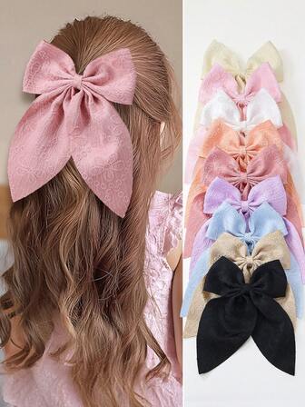 Set de 10 pinzas para el cabello con textura, de uso diario, para niñas/adolescentes, con bordado floral sólido en rosa y moño