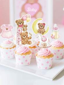 24pcs Baby Shower Party Bear Cupcake Toppers, Baby Shower Party Supplies, Birthday Decorations, Cute Bear Themed Baby Shower Party Decorations, Jungle Animal Theme Baby Shower Birthday Party Cake Decorations, Pink Baby Shower Home Decor Gifts - Pink - View 3