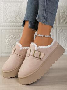 Botas de nieve para mujer cómodas con puntera cerrada/hebilla/cordones/suela gruesa y cálida, pantuflas con forro térmico para uso en interiores y exteriores en invierno