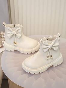 Girls' Solid Color Bow Pearl Design Outdoor Boots, Soft And Comfortable - Beige - View 2