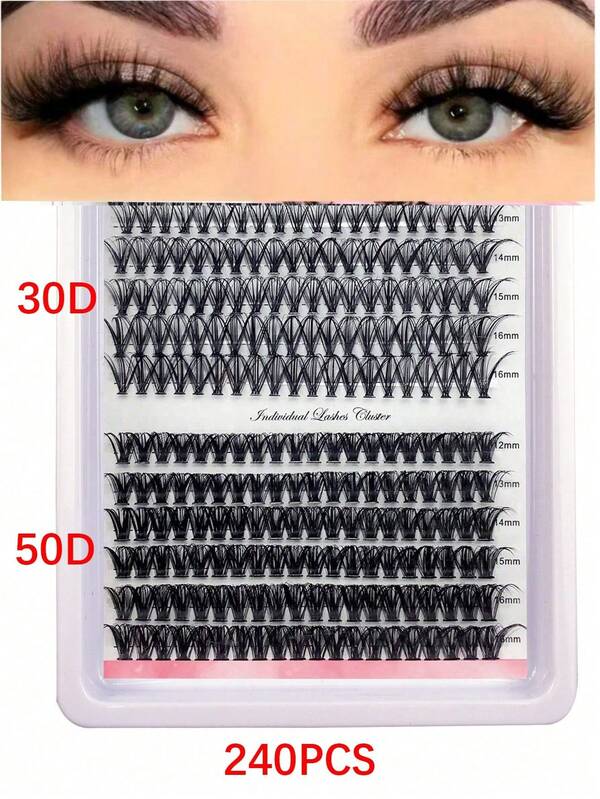 Estensioni di ciglie finte spesse e arricciate 30D+40D/40D+50D/30D+50D, lunghezza mista 12-16mm, 12 file 240 pezzi, ciglie in visone impermeabili adatte per applicazione fai-da-te, ideali per trucco quotidiano o uscite