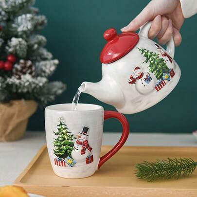 1 bule de cerâmica com boneco de neve de Natal nórdico, chaleira para chá da tarde em relevo, cafeteira estilo ocidental para decoração de jantar festivo
