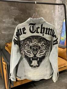 Men's And Women's Denim Shirts, Light Luxury And Fashionable Tiger Head Denim Jackets, Cool And Stylish Heavy-Duty Hot Stamping Men's And Women's Jackets, Spring And Autumn Tops, Distressed Denim, Patterned Denim - 淺色水洗藍 - 查看 3