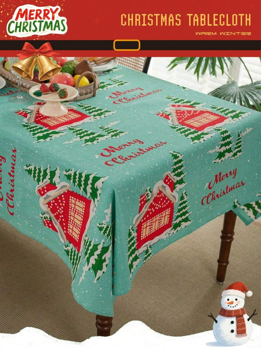1 pièce Nappe de table de Noël avec imprimé de maison rouge et flocons de neige, convient pour la décoration de fête familiale de vacances de Noël, couverture de table de cuisine et de salle à manger, décoration de meuble TV