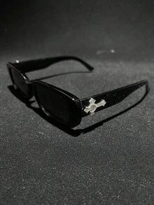 1pc Crystal Cross Heart Metal Decor Sunglasses, Retro Small Square Frame Tinted Vintage Classic Fashion Stylish Luxury Travel Eyewear, Tortoiseshell - Khung đen/phim xám toàn phần (có hình chữ thập kim cương) - Xem 12