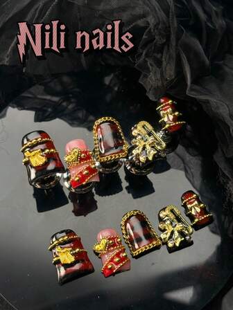 Únicas uñas navideñas con 10 piezas de uñas postizas hechas a mano exclusivas de la temporada de terror, con forma de pico de pato, decoración tridimensional en rojo sangre y negro teñido anudado, accesorios 3D adecuados para el Año Nuevo, juego completo de uñas acrílicas falsas para mujeres y niñas con adhesivo de gel y lima de uñas gratis