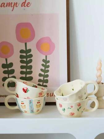 1pc Cartoon Cherry Bear Ceramic Mug, Cute Girly Tulip Mug, Rose Floral Milk Cup, Suitable For Gatherings, Afternoon Tea, Office, Restaurant, Bubble Tea Shop, Best Friend Birthday Gift