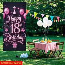 1pc 18th Birthday Door Banner, Pink Glitter Handwritten Font With Balloons, Hat, Butterfly And Stars, No Power Needed, Suitable For Entryway Party And Home Celebration, Polyester Birthday Party Decor