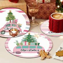 6 piezas/set o 420 piezas/70 sets Posavasos de goma suave redondos absorbentes de 10 cm/2 mm de grosor con estampado de árbol de Navidad y regalo en coche rosa, con parte inferior de goma, adecuados para tazas, decoración de mesa de cocina y comedor, decoración de cocina