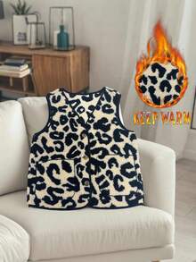 Áo vest nữ họa tiết da báo màu tương phản, thoải mái, dày dặn, ấm áp, có nút và túi một hàng - Hàng mới về mùa thu đông/Bán chạy nhất - Màu đen mơ - Xem 3