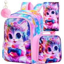 3PCS Girls Backpack, 16 "Kids Cat Play Bookbag, School Bag For Elementary Preschool Toddler